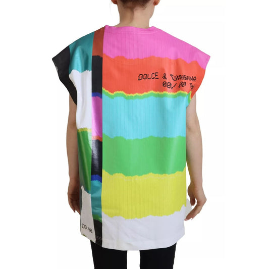 Dolce & Gabbana Multicolor Print Blouse Cotton Tank TV Print T-shirt with TV motif, logo detail, and color fade on collar, back view.