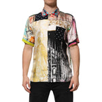 Model wearing Dolce & Gabbana Multicolor Printed Button Down Casual Shirt, made of 100% silk with a unique artistic design.