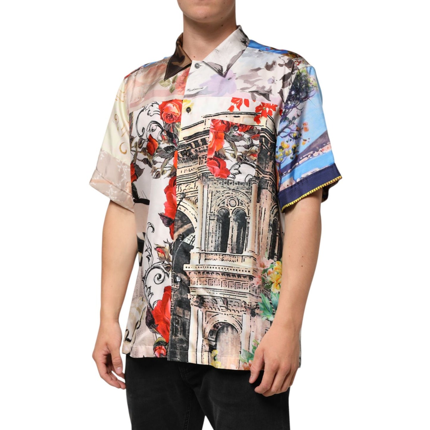 Dolce & Gabbana Multicolor Printed Casual Short Sleeve Shirt with architectural motifs and floral accents in 100% silk.