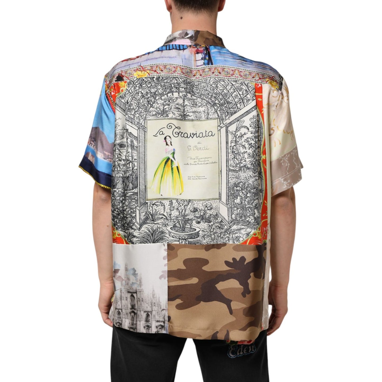 Back view of Dolce & Gabbana Multicolor Printed Casual Short Sleeve Shirt with architectural and floral designs, luxurious silk material.