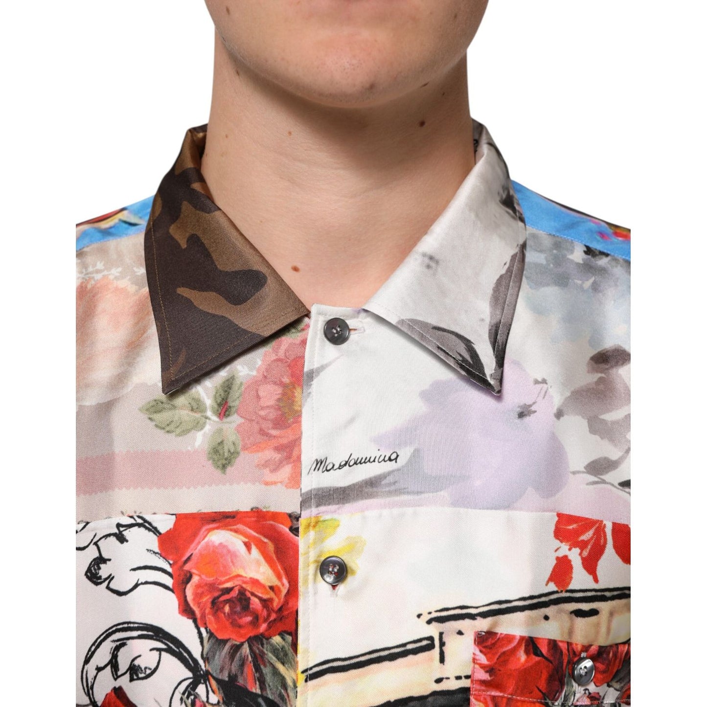 Dolce & Gabbana Multicolor Printed Casual Short Sleeve Shirt with floral and architectural motifs, crafted from pure silk.