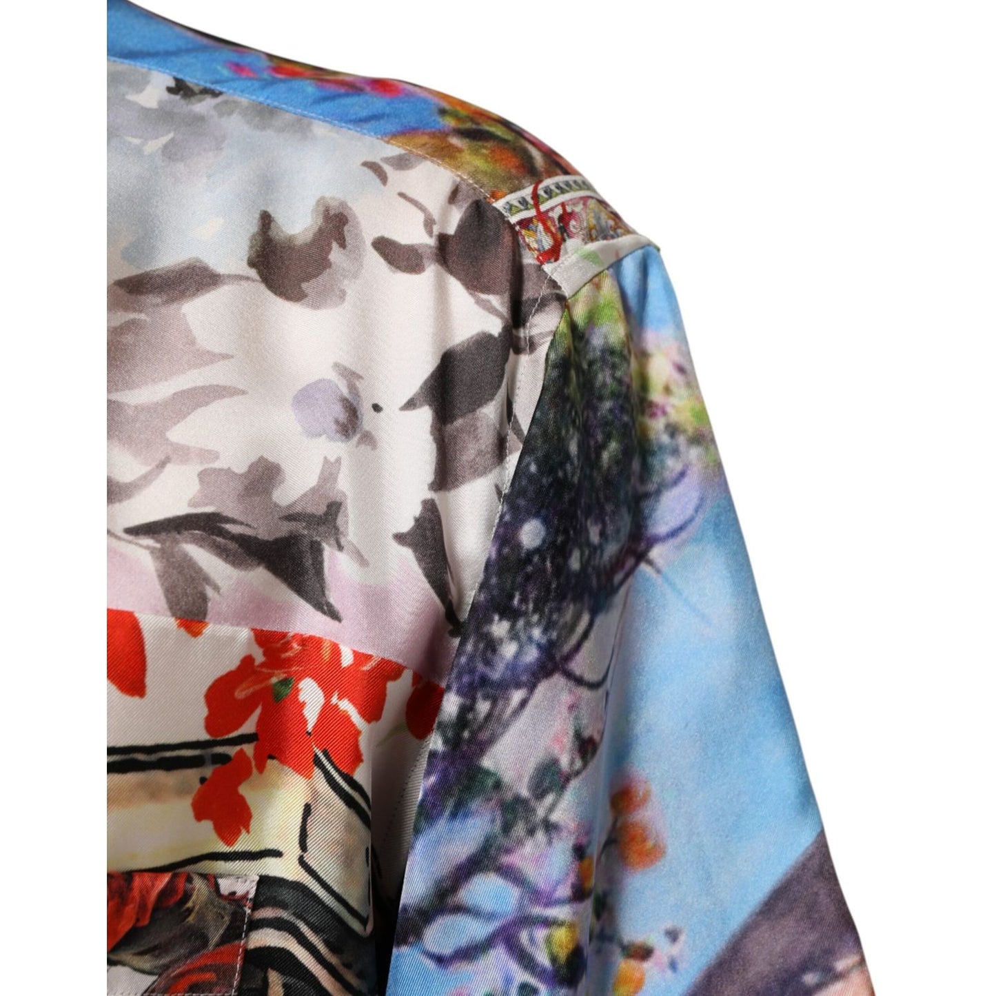 Close-up of Dolce & Gabbana Multicolor Printed Casual Short Sleeve Shirt with vibrant floral and architectural motifs.