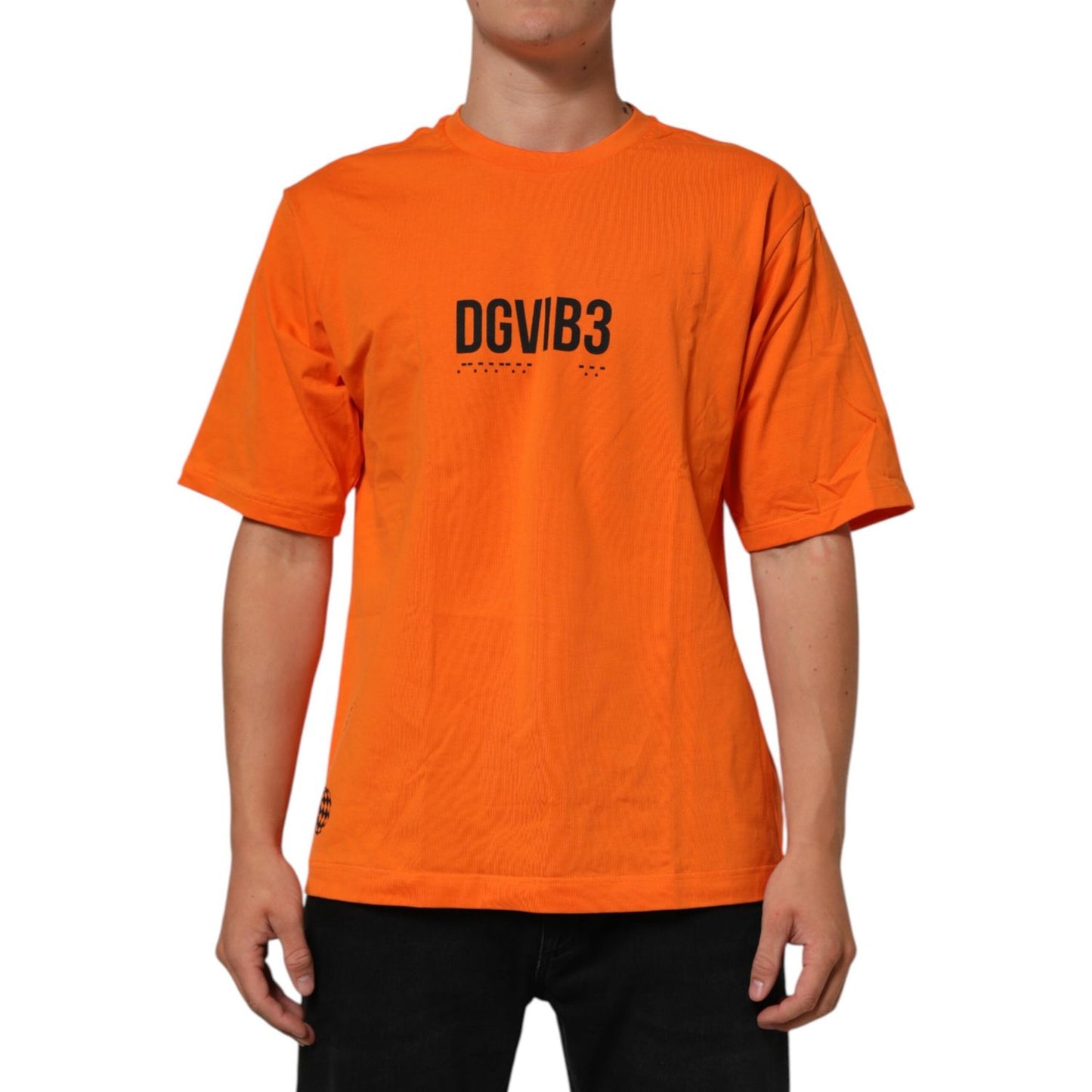 Dolce & Gabbana Orange DGVIB3 Crew Neck Short Sleeves T-shirt, model wearing vibrant cotton tee with bold logo design.