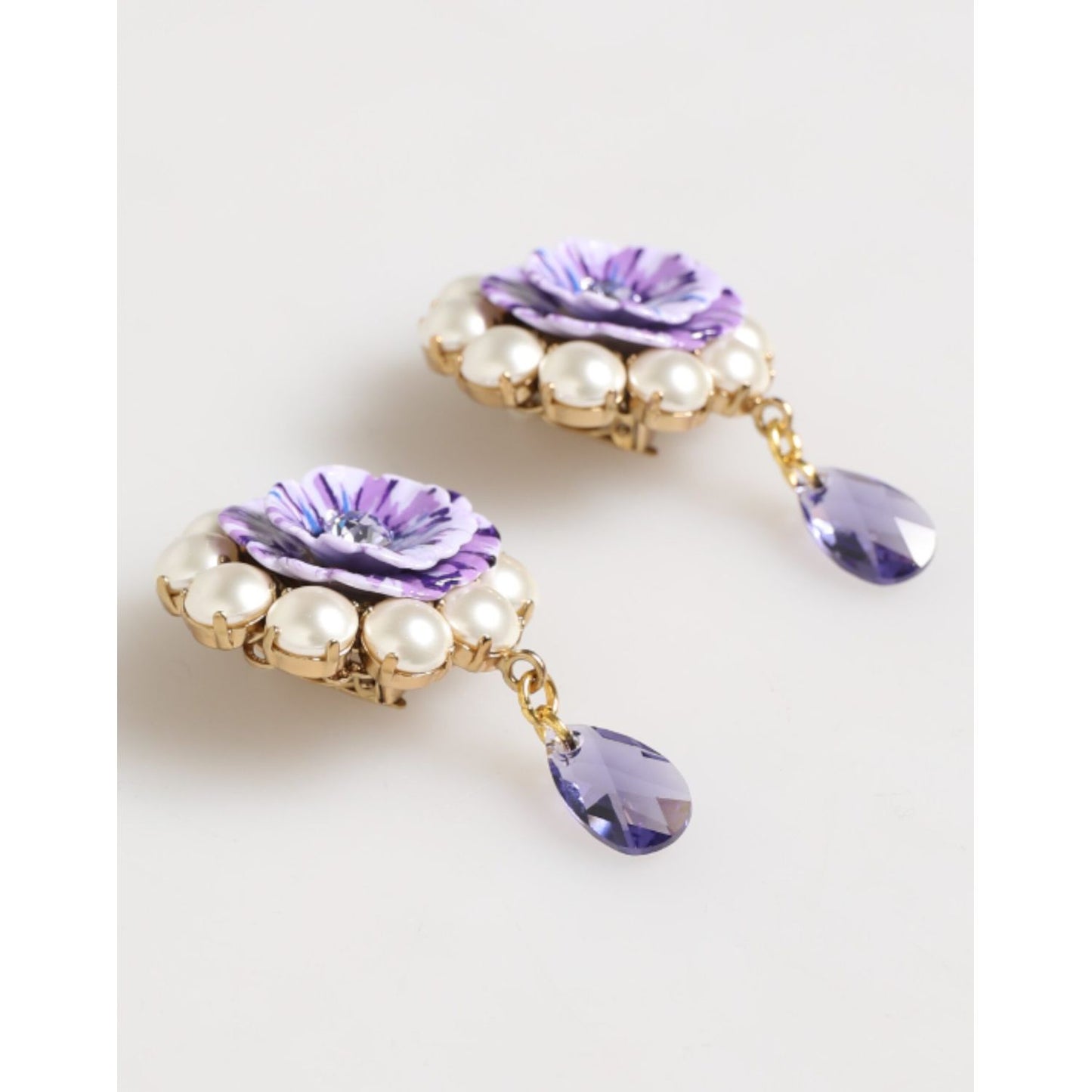 Dolce & Gabbana Purple Floral Crystal Pearl Drop Clip-On Statement Earrings with enamel flowers and pearls, showcasing elegance.