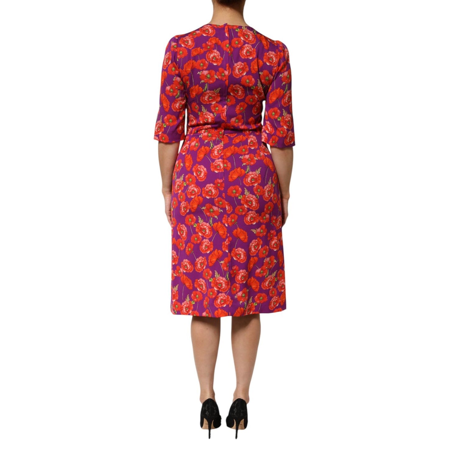 Dolce & Gabbana Purple Silk Floral Print Midi Sheath Dress