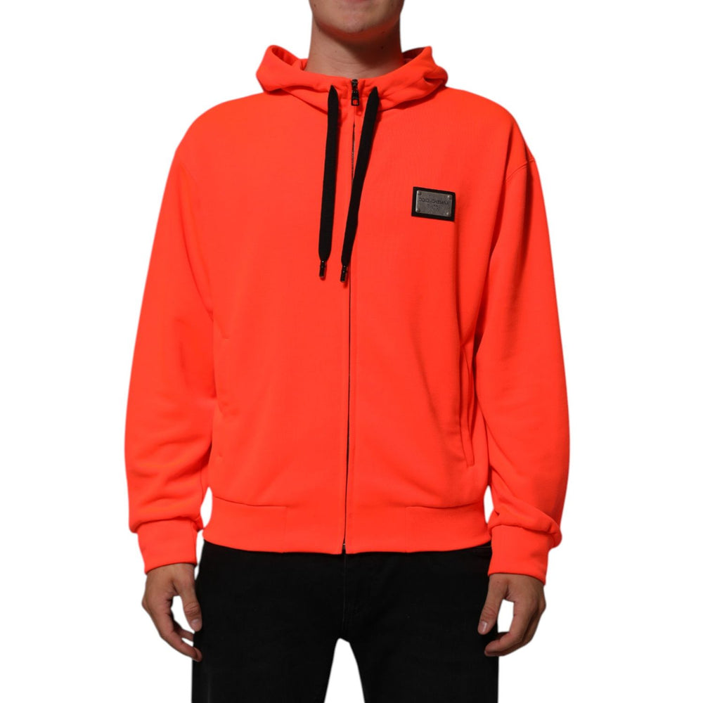 Dolce & Gabbana Red Fluorescent Polyester Logo Patch Hoodie Sweater modeled front view