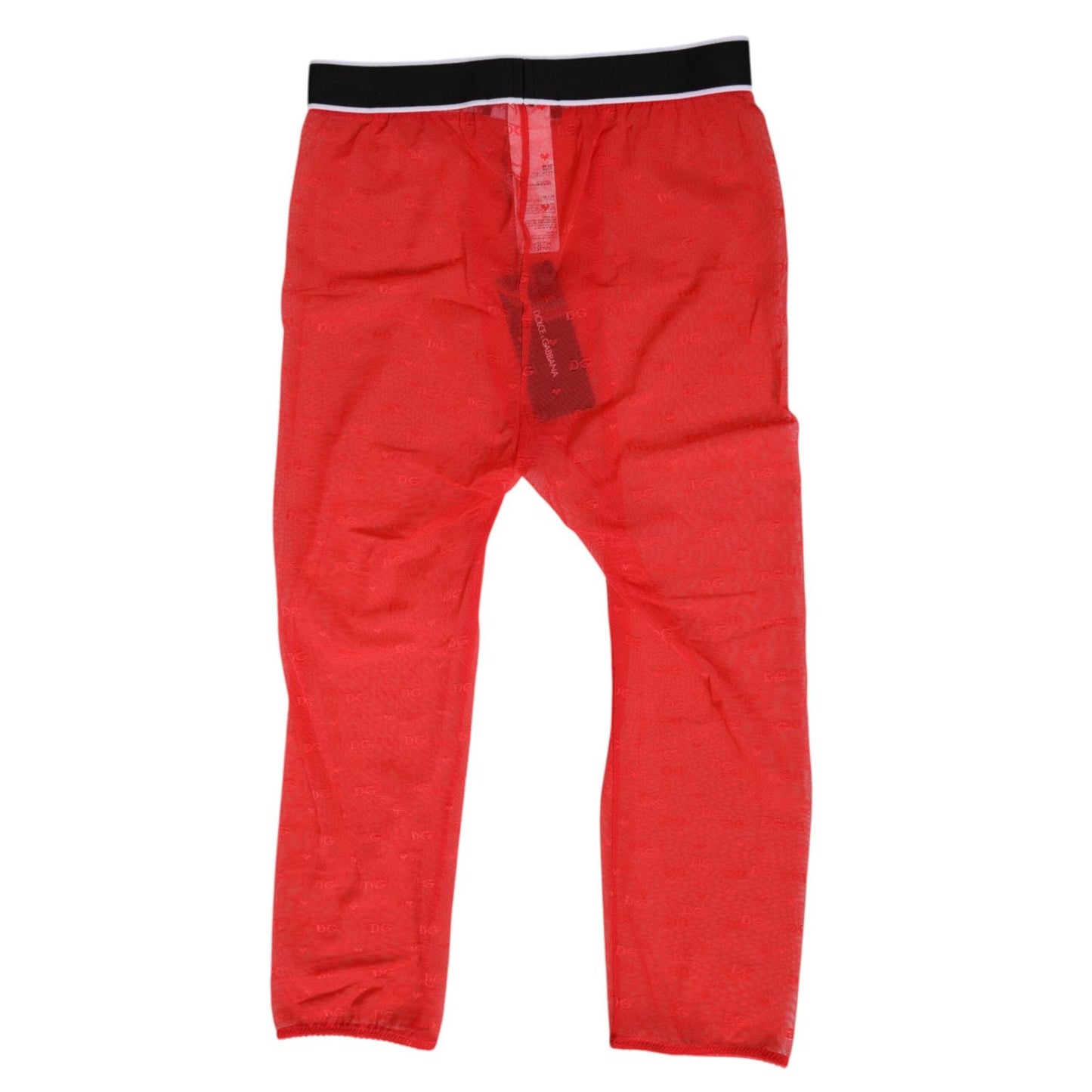 Dolce & Gabbana Red Logo Lace Tight Midi Trousers Underwear with black waistband and lace pattern.