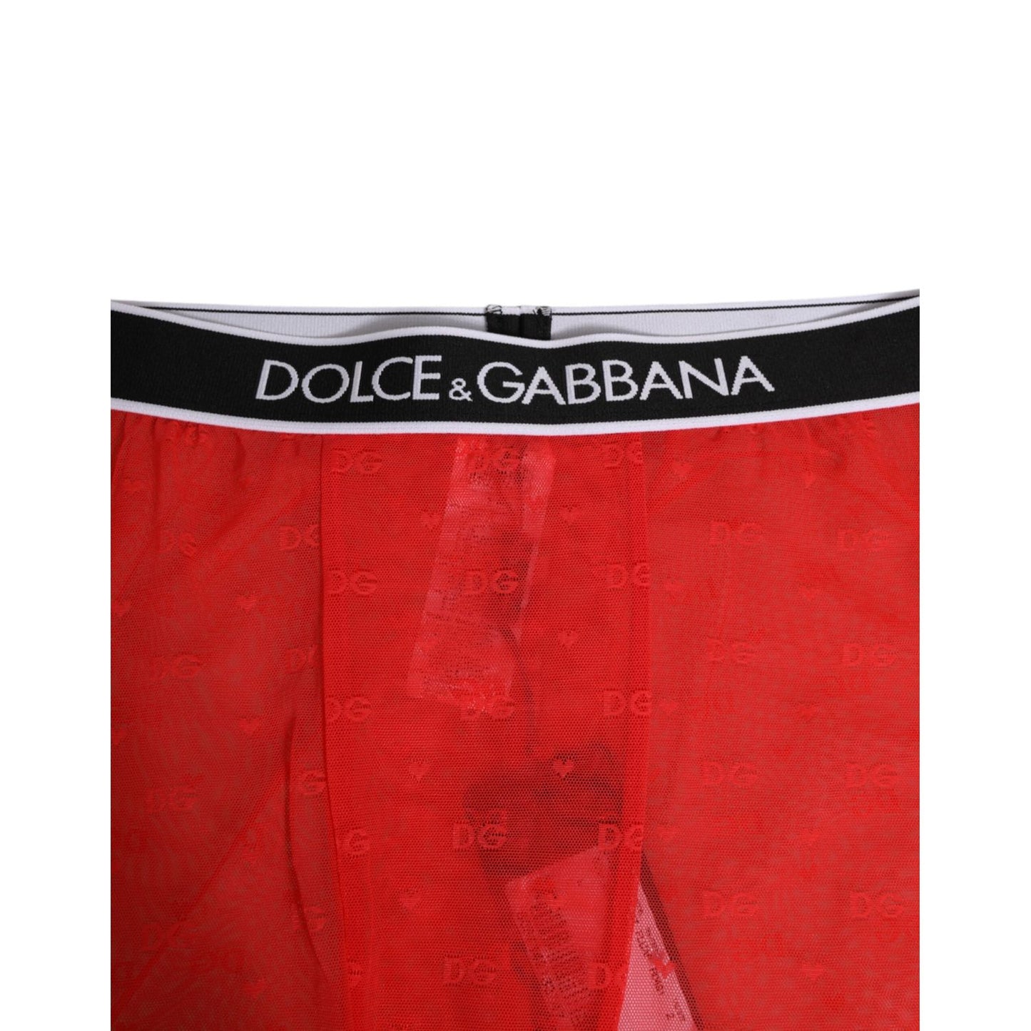 Dolce & Gabbana Red Logo Lace Tight Midi Trousers Underwear with elastic waistband and DG logo on sheer red stretch lace