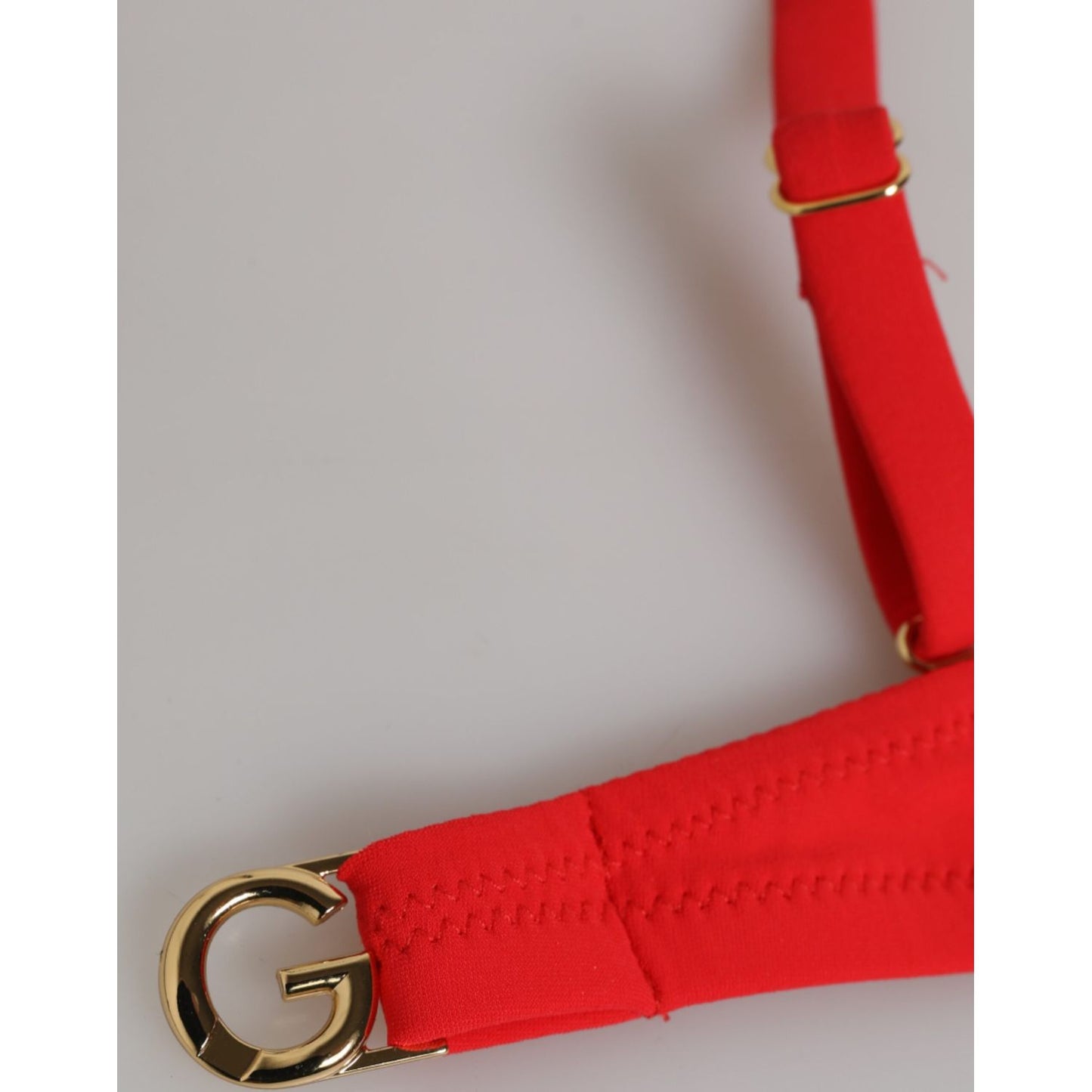 Dolce & Gabbana Red Nylon Swimsuit 2 Piece Top Bottom Swimwear detail with gold logo hardware
