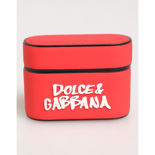 Dolce & Gabbana Red PVC DG Logo Embossed Men Flip Holder Airpods Case with bold white lettering on vibrant red background.