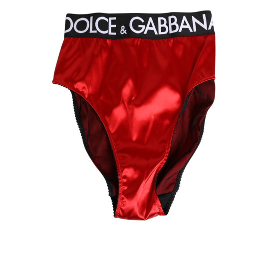 Dolce & Gabbana Red Satin High-Waist Briefs Logo Women Underwear with sleek logo waistband.