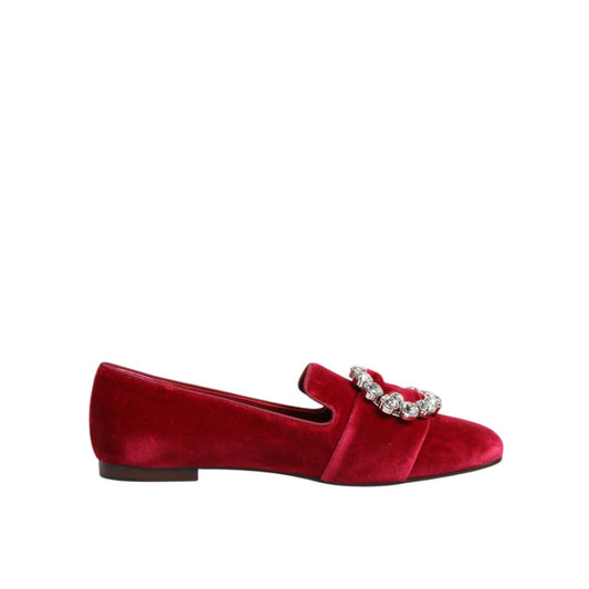 Dolce & Gabbana Red Velvet Crystal Buckle Loafers Flats Shoes in side view, luxury footwear made in Italy, featuring rich velvet and crystal embellishment.