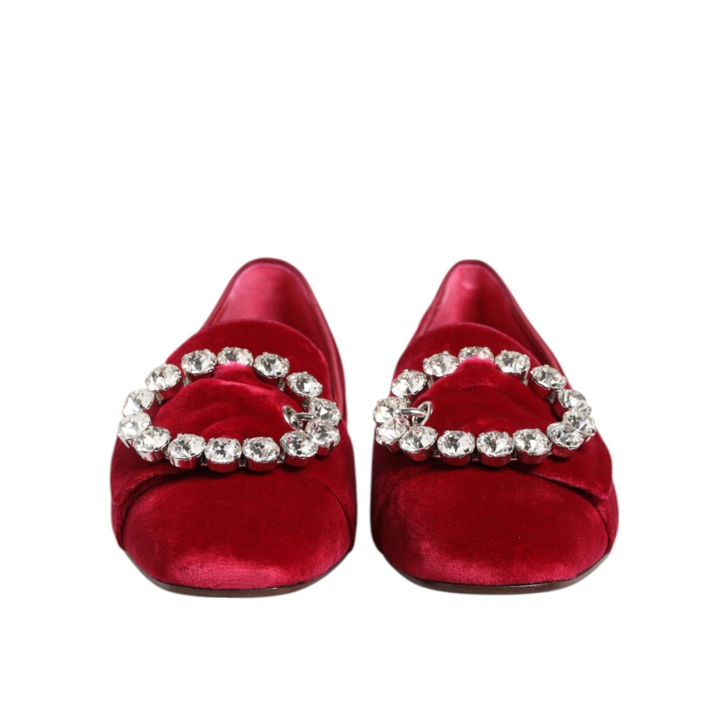 Dolce & Gabbana Red Velvet Crystal Buckle Loafers Flats Shoes, luxury Italian footwear, front view with sparkling buckle detail.