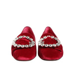 Dolce & Gabbana Red Velvet Crystal Buckle Loafers Flats Shoes, luxury Italian footwear, front view with sparkling buckle detail.