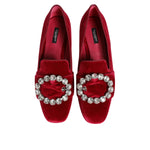 Dolce & Gabbana Red Velvet Crystal Buckle Loafers Flats Shoes with crystal buckle detail and logo, luxury red velvet flats