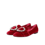 Dolce & Gabbana Red Velvet Crystal Buckle Loafers Flats Shoes - luxurious red velvet loafers with striking crystal buckles, handmade in Italy.