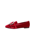 Dolce & Gabbana Red Velvet Crystal Buckle Loafers Flats Shoes, elegant Italian design, featuring luxurious velvet and crystal details.