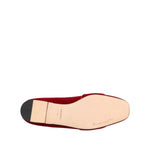 Bottom view of Dolce & Gabbana Red Velvet Crystal Buckle Loafers Flats Shoes, highlighting leather sole and craftsmanship.