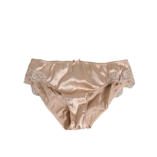 Dolce & Gabbana Rosy Beige Silk Satin Lace Trim Panty Underwear with delicate bow detail