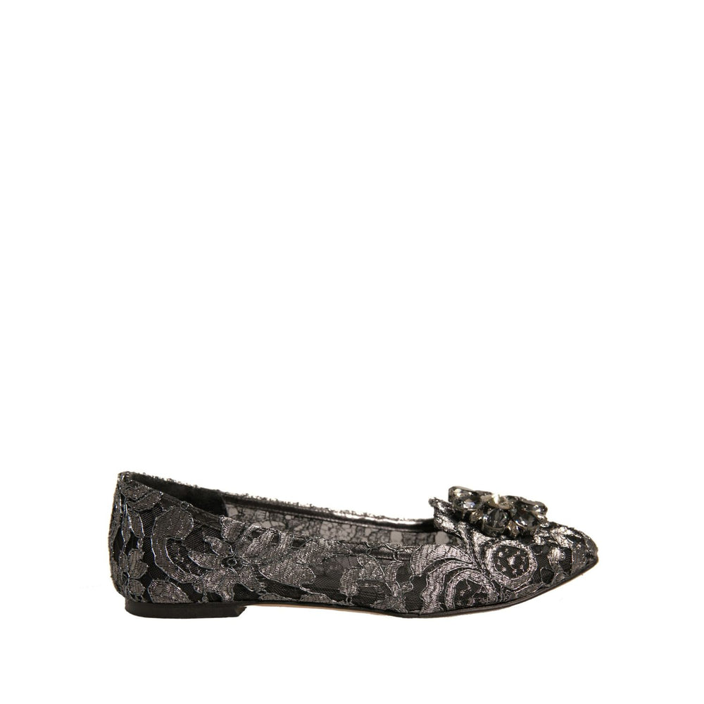 Dolce & Gabbana Silver Crystal Loafer Lace Ballet Flats Shoes with floral lace design and sparkling crystal buckle.