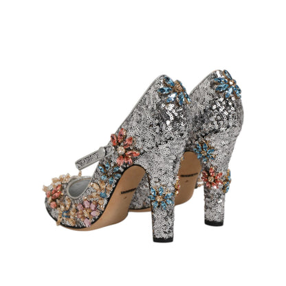 Dolce & Gabbana Silver Sequin Crystal Mary Janes Pumps Shoes