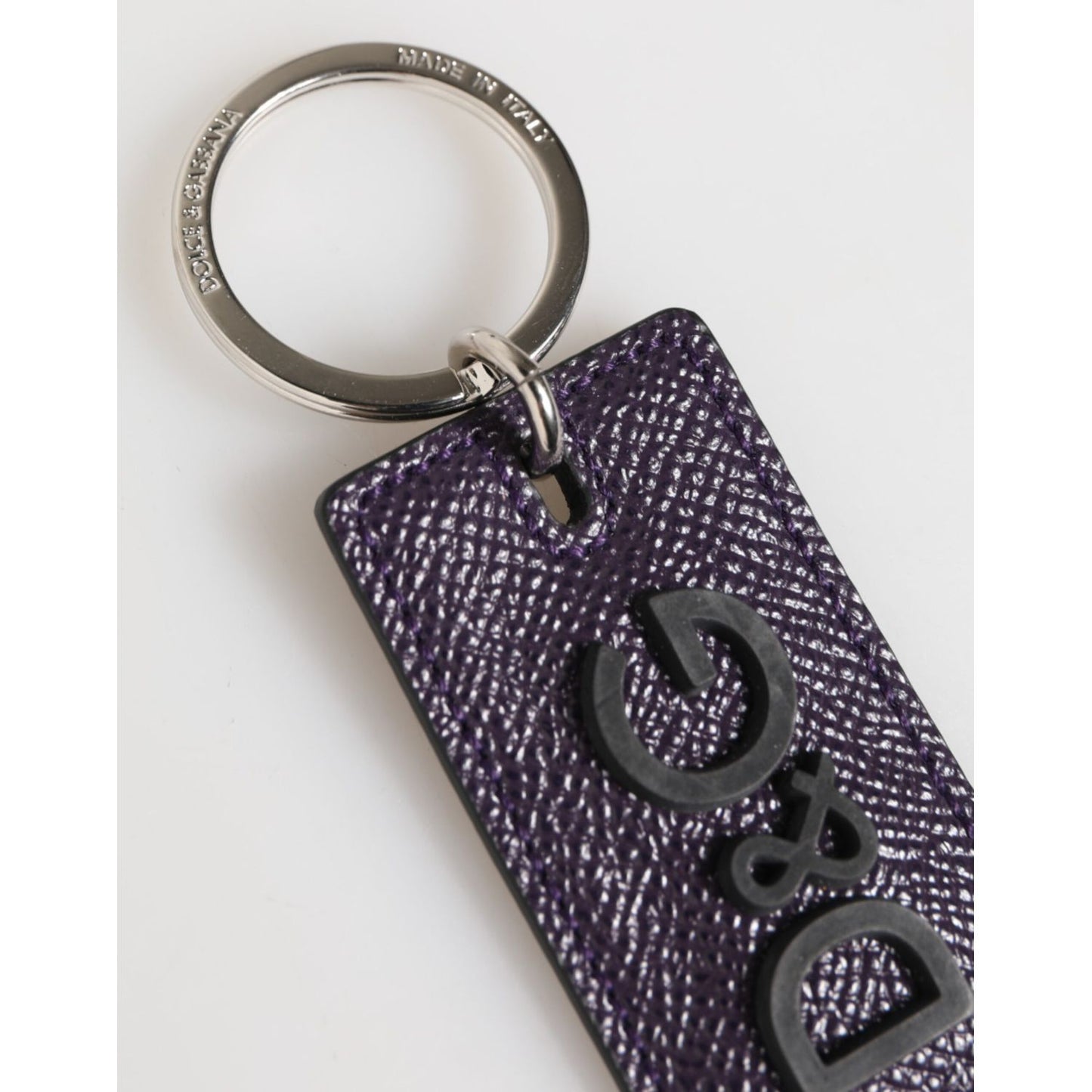 Dolce & Gabbana Violet Leather Logo Metal Ring Men Keychain Keyring with silver metal engraving, made in Italy.
