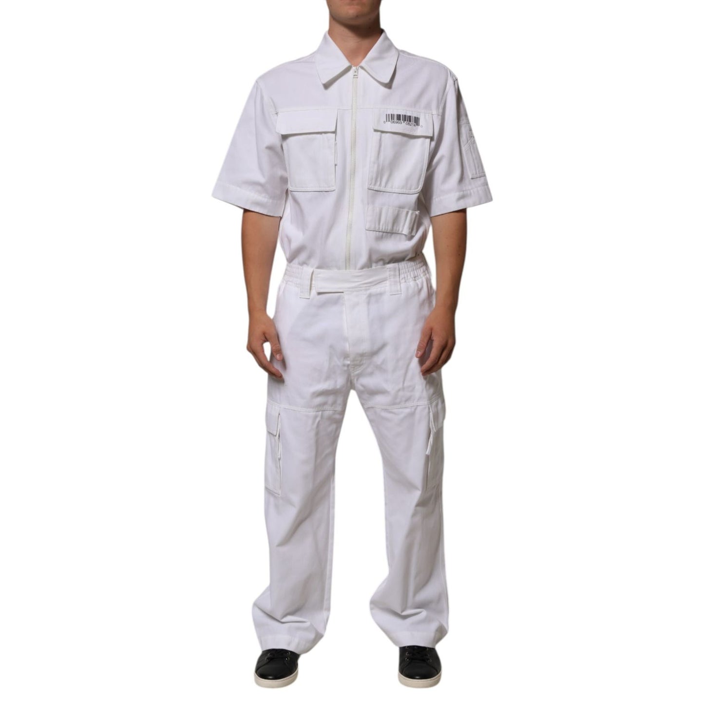 Dolce & Gabbana White Barcode Patch Utility Zip Jumpsuit Pants in cotton with front zipper, short sleeves, and cargo pockets.
