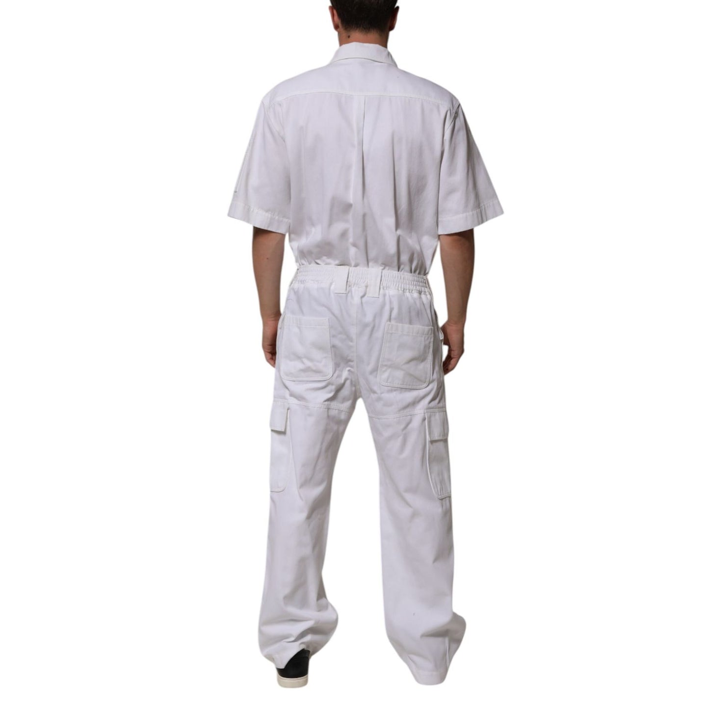Back view of Dolce & Gabbana White Barcode Patch Utility Zip Jumpsuit Pants, showcasing short sleeves and cargo pockets.