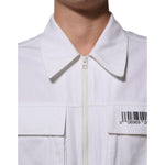 Close-up of Dolce & Gabbana White Barcode Patch Utility Zip Jumpsuit Pants showing zipper and chest detail.