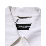 Collar detail of Dolce & Gabbana White Barcode Patch Utility Zip Jumpsuit Pants with brand label visible.