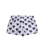 Dolce & Gabbana White Black Heart Print Men Boxer Short Swimwear, featuring elastic waistband and DG logo detail on white fabric.