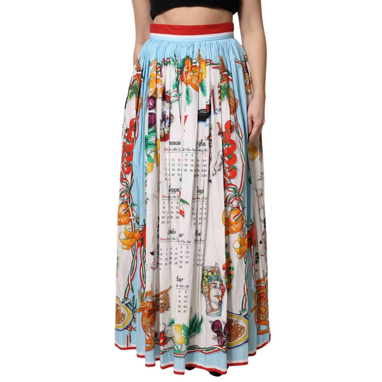 Dolce & Gabbana White Calendar Print Cotton Gathered Maxi Skirt