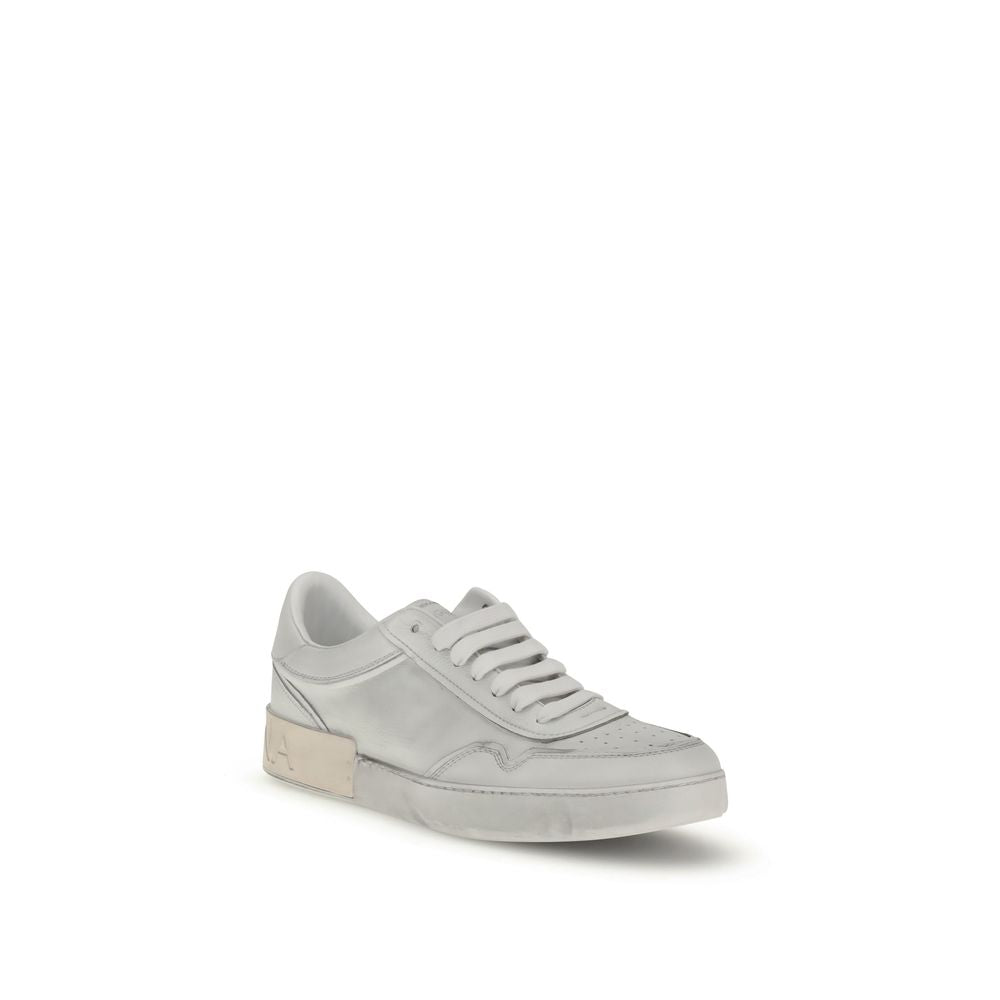 Dolce & Gabbana White Calf Leather Bos Taurus Low Top Sneakers with logo stripe on heel.