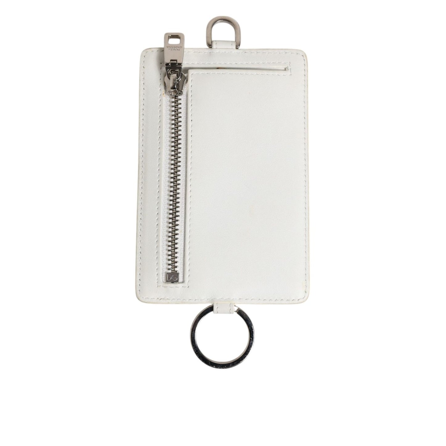 Dolce & Gabbana White Calf Leather Lanyard Logo Card Holder Men Wallet with zipper and ring fastening.