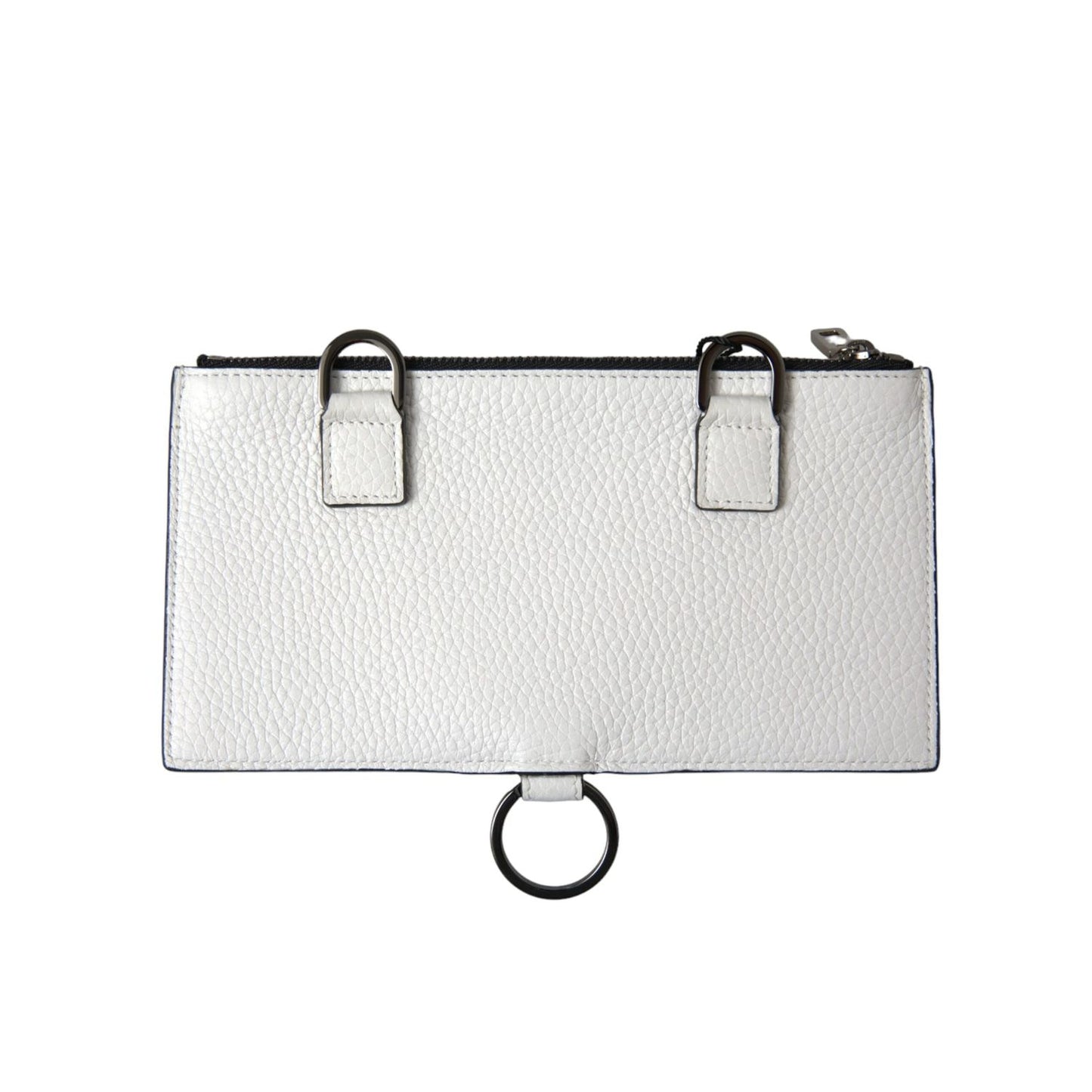 Dolce & Gabbana White Calfskin Leather Large Crossbody Card Holder Wallet with zipper closure, keyring attachment, and logo details.