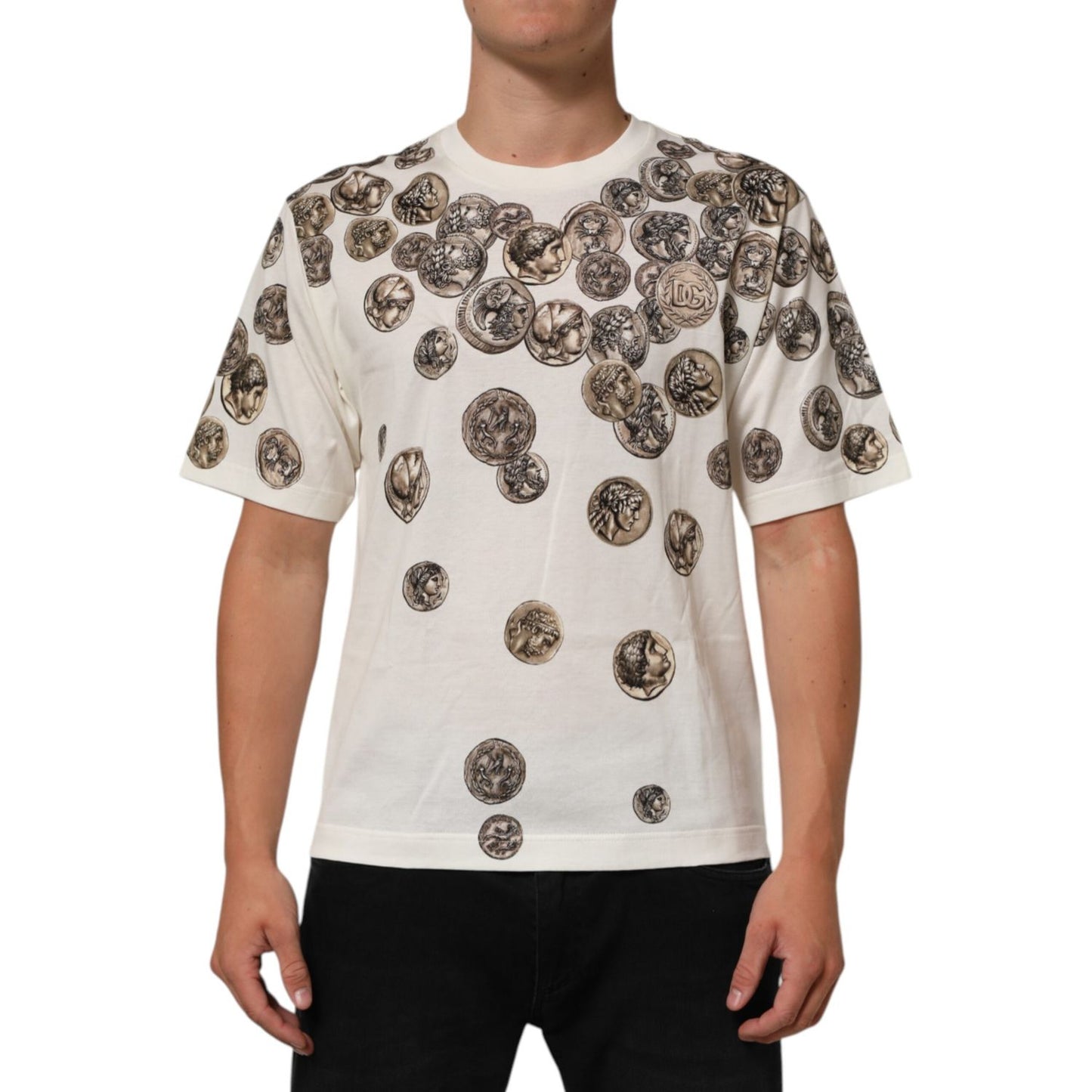 Dolce & Gabbana White Coin Print Cotton Crew Neck Men T-shirt with coin motif and D&G logo, short-sleeve, regular fit.
