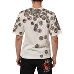 Man wearing Dolce & Gabbana White Coin Print Cotton Crew Neck Men T-shirt with coin motif print, back view.