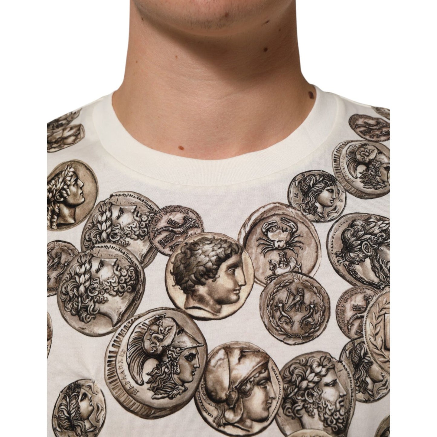 Dolce & Gabbana White Coin Print Cotton Crew Neck Men T-shirt with coin motif detail