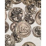 Close-up of Dolce & Gabbana White Coin Print Cotton Crew Neck Men T-shirt featuring intricate coin and D&G logo design detail
