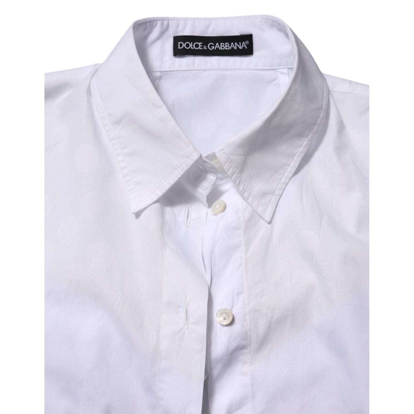 Dolce & Gabbana White Collared Short Sleeve Polo Shirt Top with classic polo collar and front button placket, close-up view.