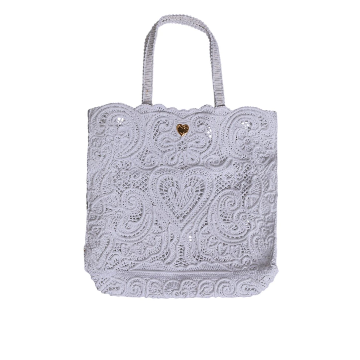 Dolce & Gabbana White Cordonetto Lace Beatrice Tote Shopping Bag featuring Sicilian lace and signature heart motif.
