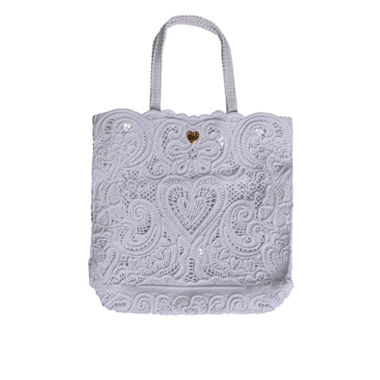 Dolce & Gabbana White Cordonetto Lace Beatrice Tote Shopping Bag with heart motif and shoulder strap, summer luxury accessory.