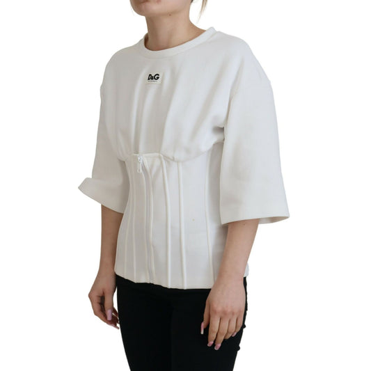 Dolce & Gabbana White Corset Stretch Cotton Top T-shirt with zipper and logo details, worn by model, side view.