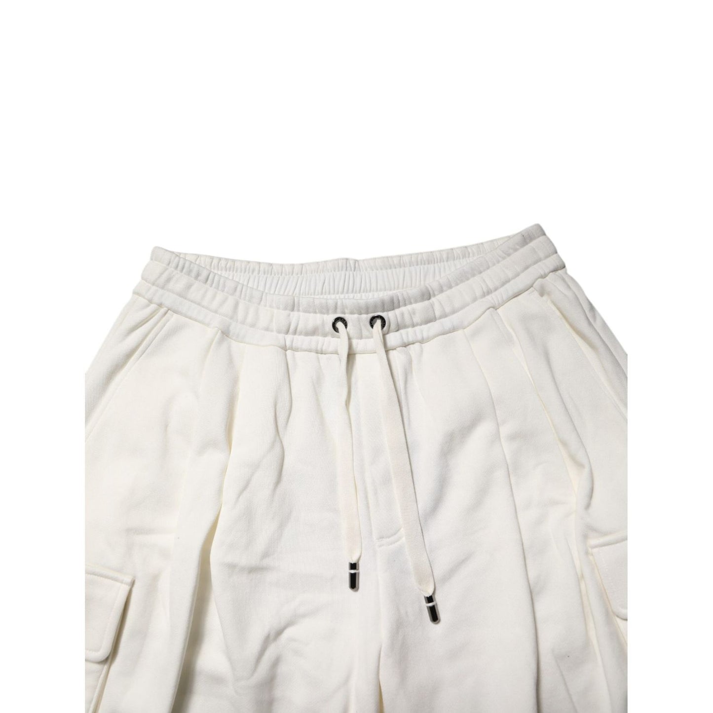 Dolce & Gabbana White Cotton Cargo Bermuda Sweatshorts Shorts with drawstring waist and multiple pockets, showcasing relaxed fit.