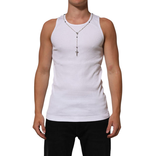 Man wearing Dolce & Gabbana White Cotton Chain Necklace Tank Top T-shirt with sleeveless design and round neckline.