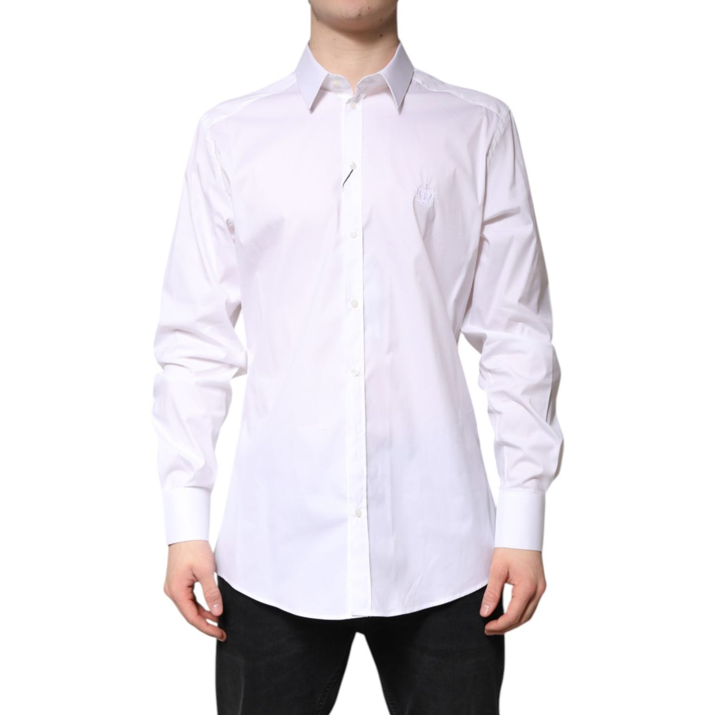 Dolce & Gabbana White Cotton Collared GOLD FormalDress Shirt for luxury styling, long sleeve, perfect for special occasions.
