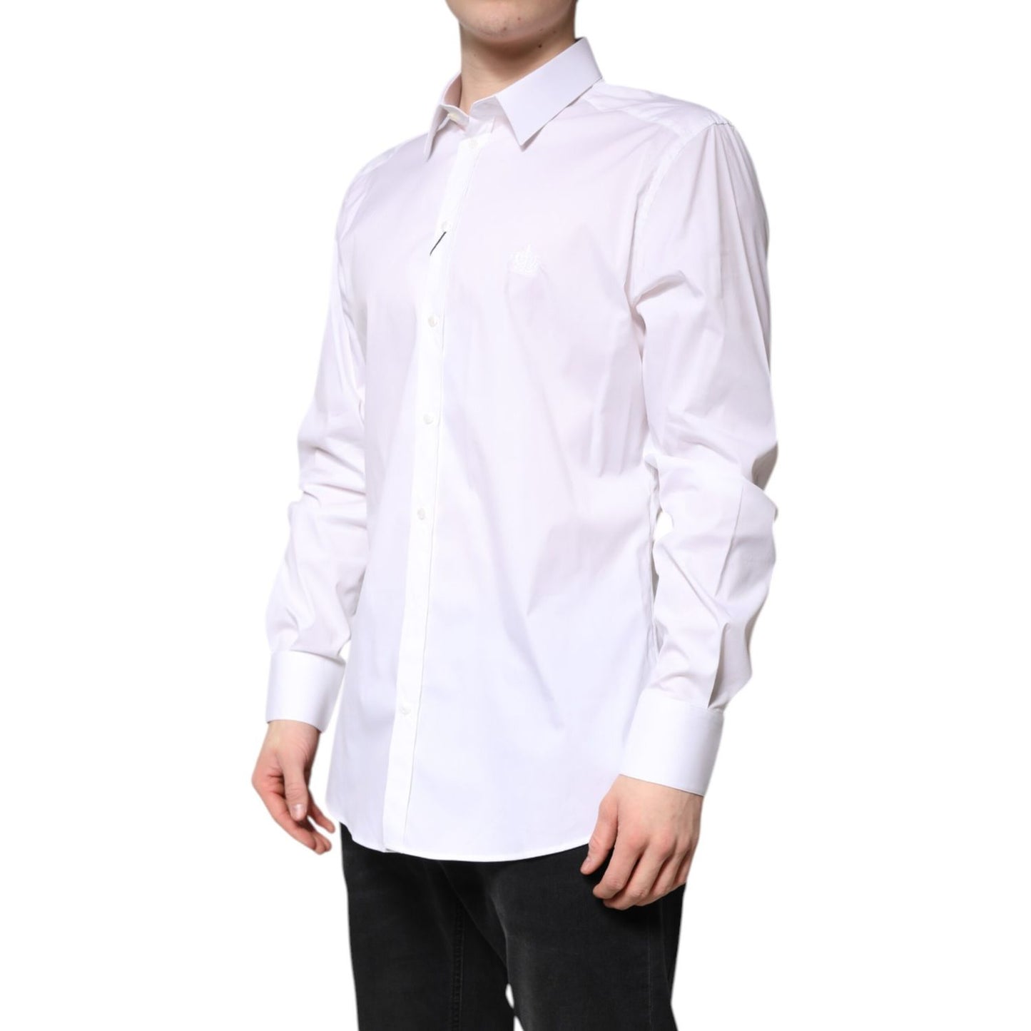 Dolce & Gabbana White Cotton Collared GOLD FormalDress Shirt, men's long sleeve, classic design, luxury fashion.