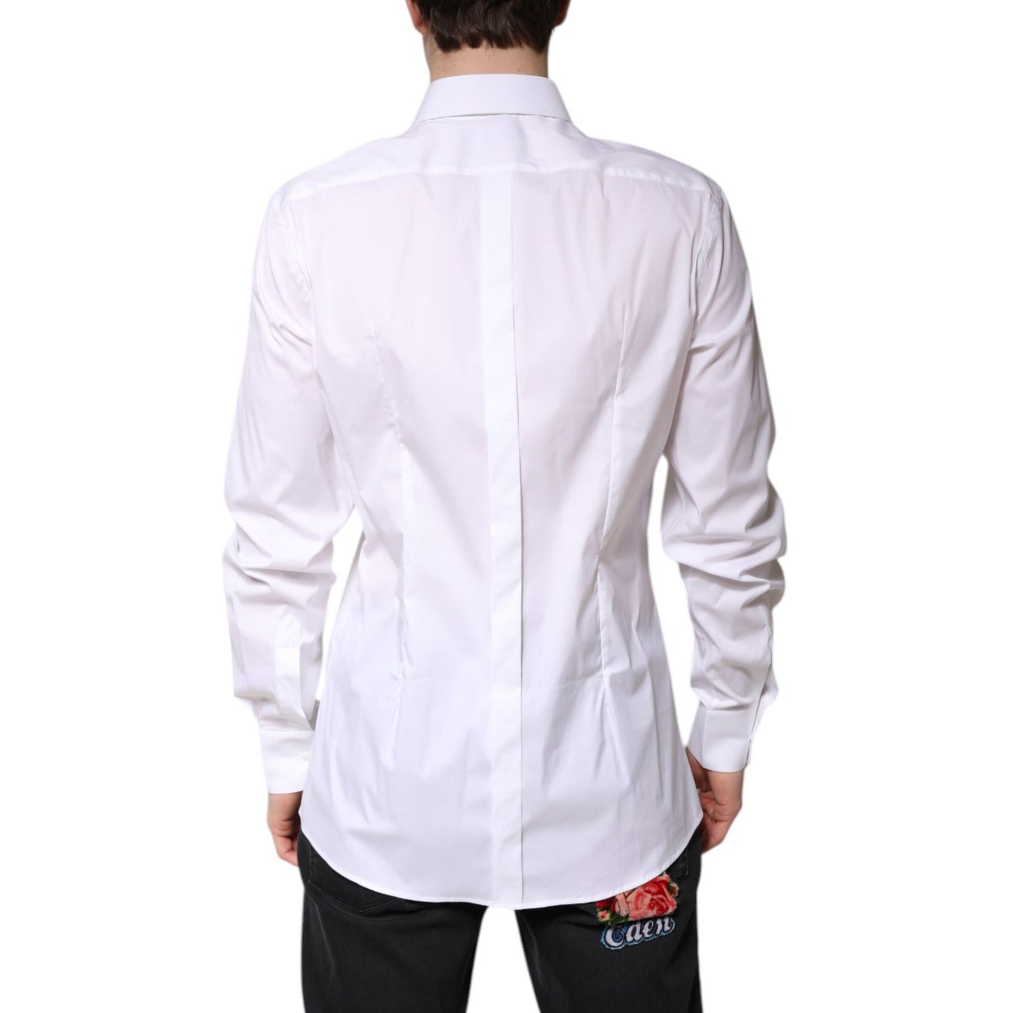 Back view of Dolce & Gabbana White Cotton Collared GOLD FormalDress Shirt, highlighting the elegant design and fabric quality.