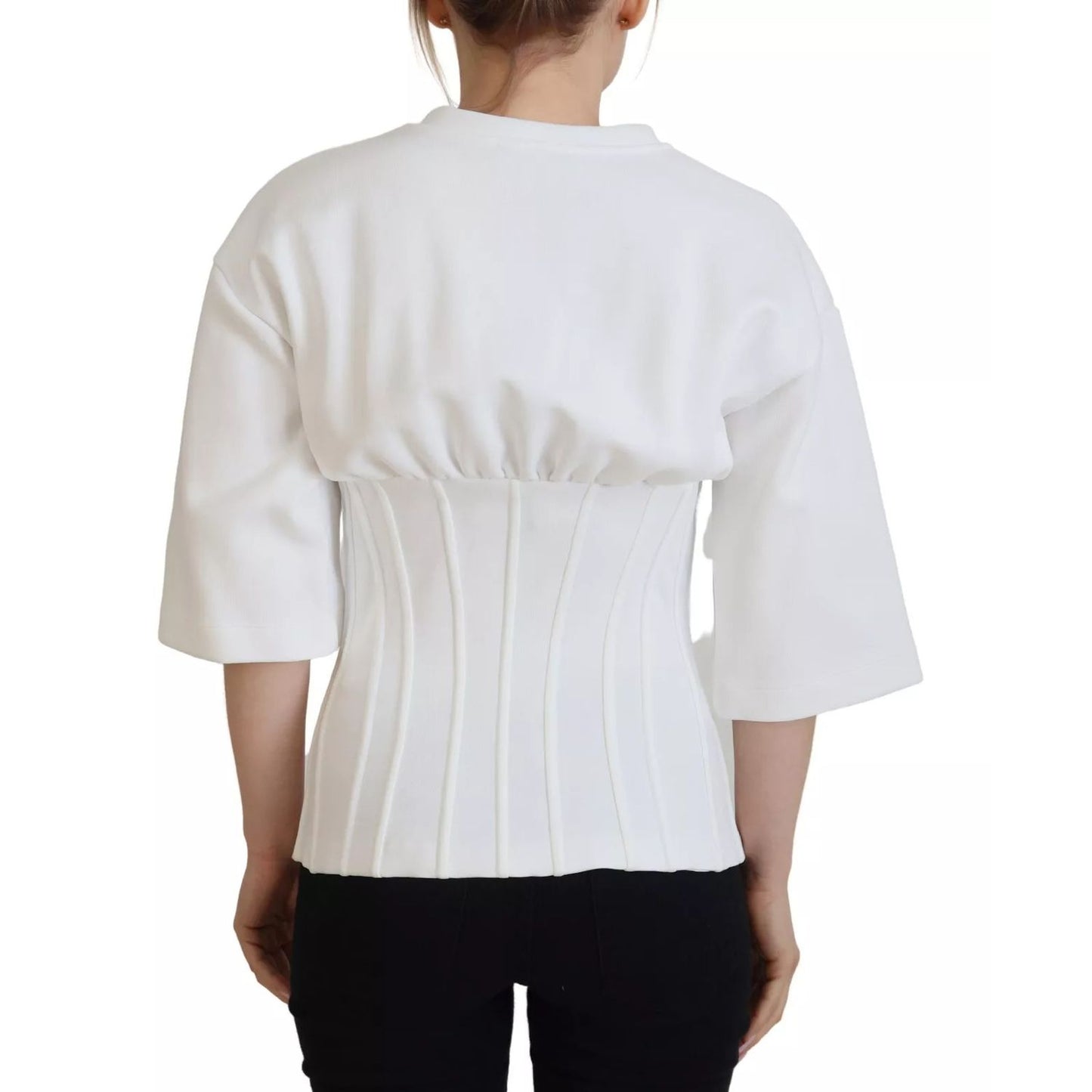 Back view of a model wearing Dolce & Gabbana White Cotton Corset Stretch Top T-shirt with short sleeves and zipper detailing.
