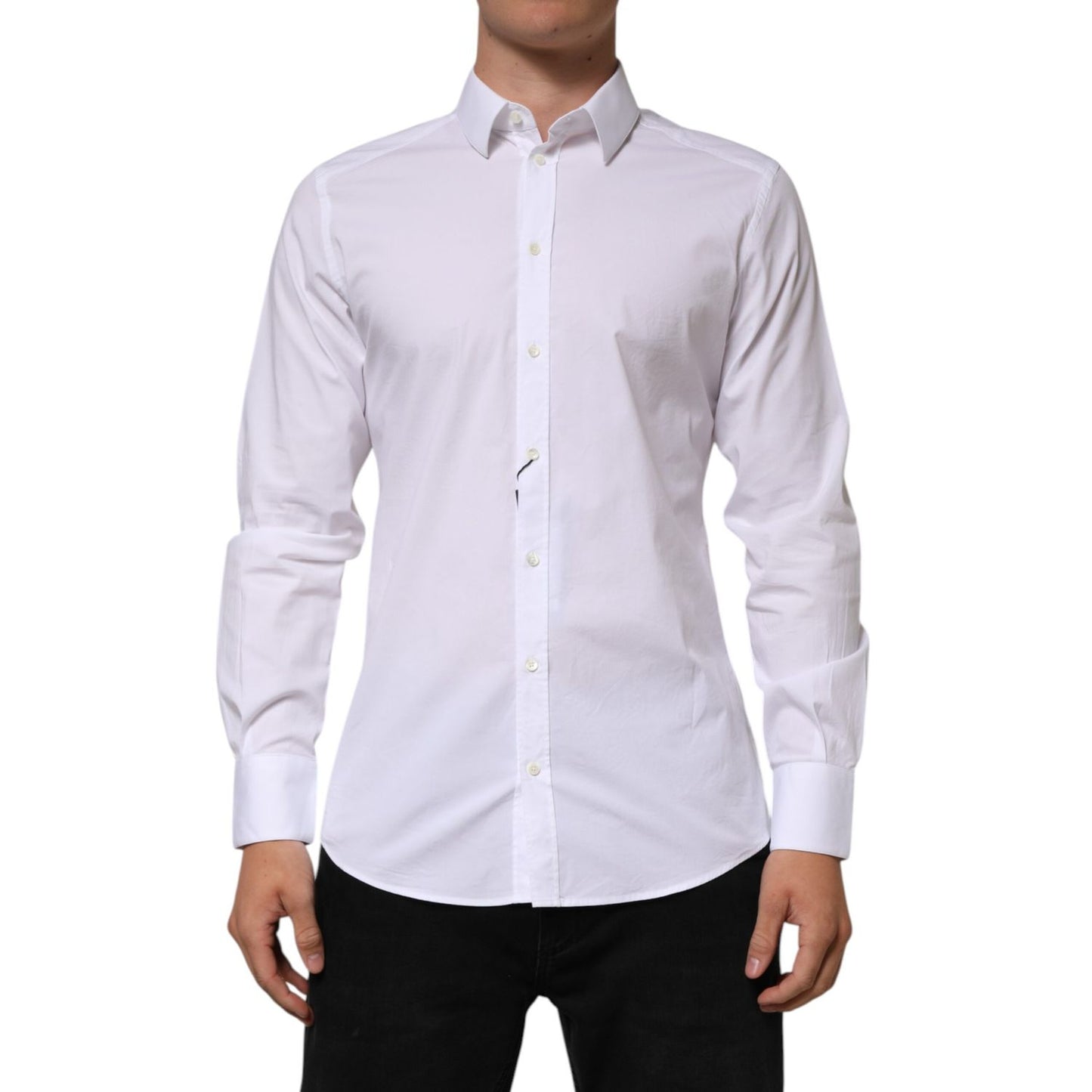 Dolce & Gabbana White Cotton GOLD Long Sleeves Formal Men Shirt, premium Italian tailored shirt perfect for upscale events, slim fit style.
